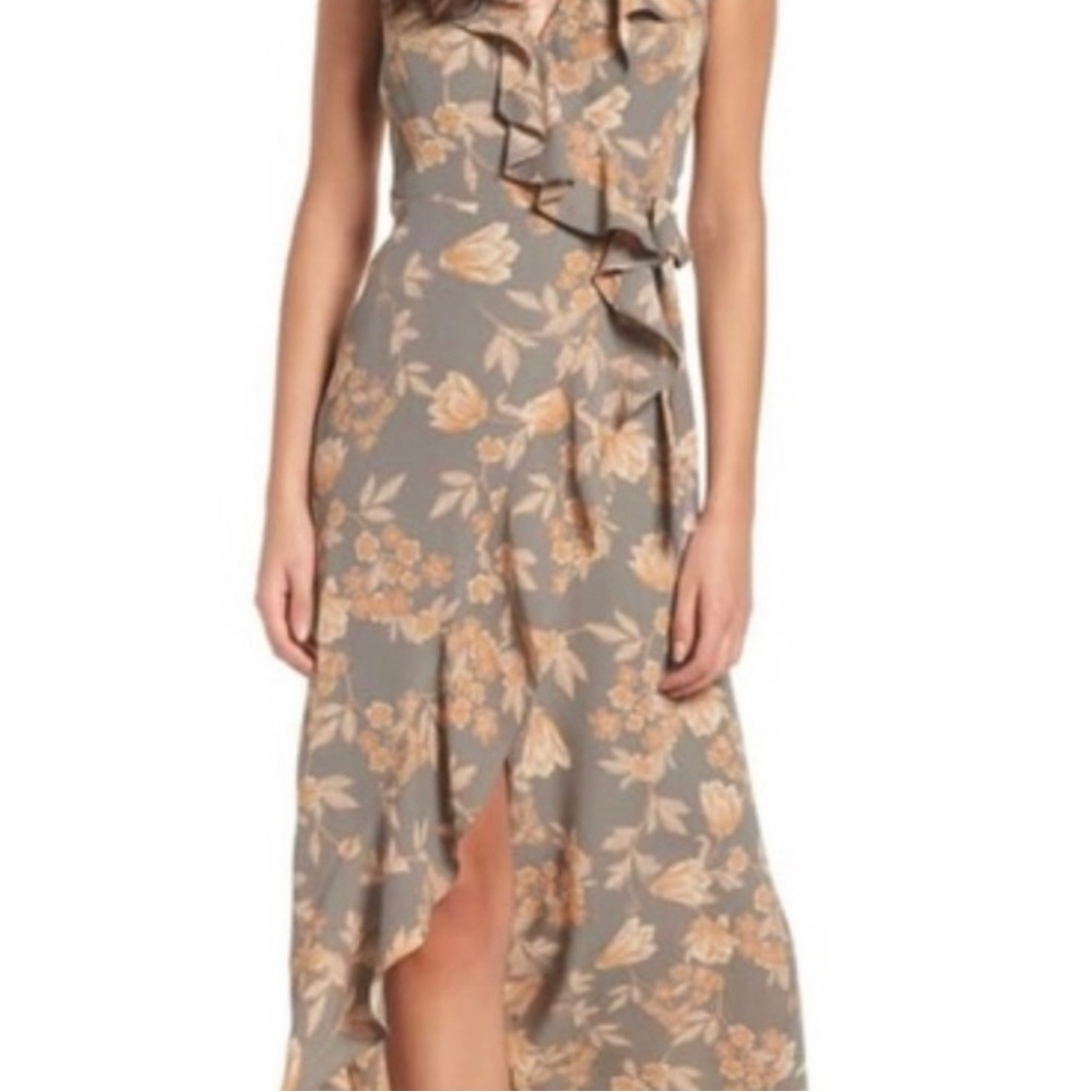 Leith High-Low Floral Midi Dress in Gray and Peach
